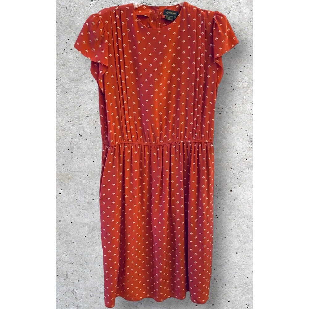 VTG Epitome 80s Silk Dress Cap Sleeve Pleated Midi Dress Coral Beige Print Sz 10